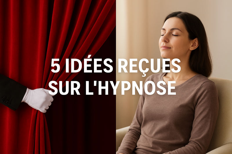 Illustration divisée entre un rideau de spectacle et une femme en relaxation, pour montrer la différence entre clichés et hypnose thérapeutique