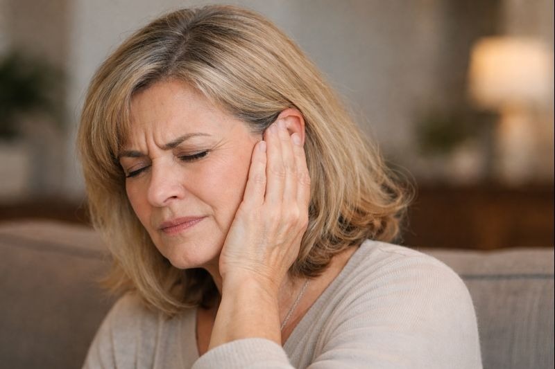 Une femme qui souffre d'acouphènes a sa main posée sur l'oreille